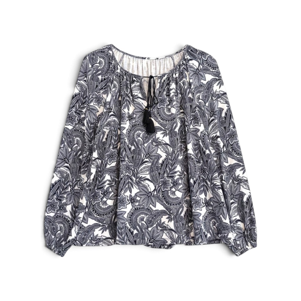 Long Tall Sally Paisley Top Women L Long Sleeve Boho Coastal Grandma Black White